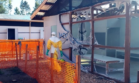 Damage to the Ebola treatment centre in Katwa in February. Part of the facility was burned down