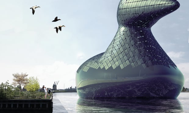 This rendering shows an aquatic bird concept, designed by a group of London-based designers, which would be outfitted with enough hydraulic turbines and solar cells to power an entire neighborhood. Designed to educate, it would sink lower when energy demand increases, and would have an open interior area where visitors can see how it works.
