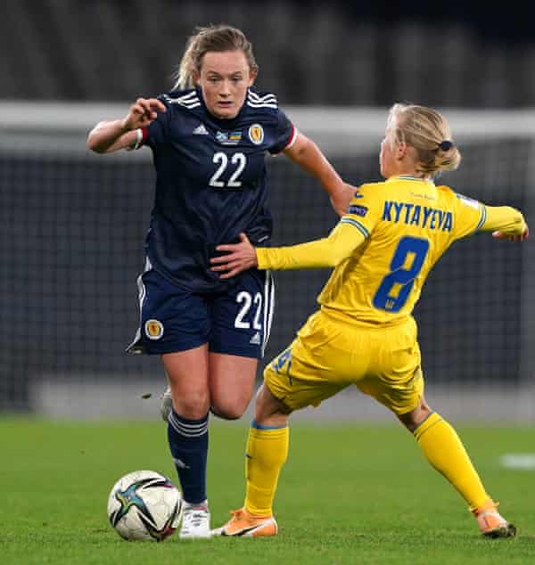 Erin Cuthbert taking on Tetyana Kitayeva during Scotland’s World Cup qualifier against Ukraine last Friday.
