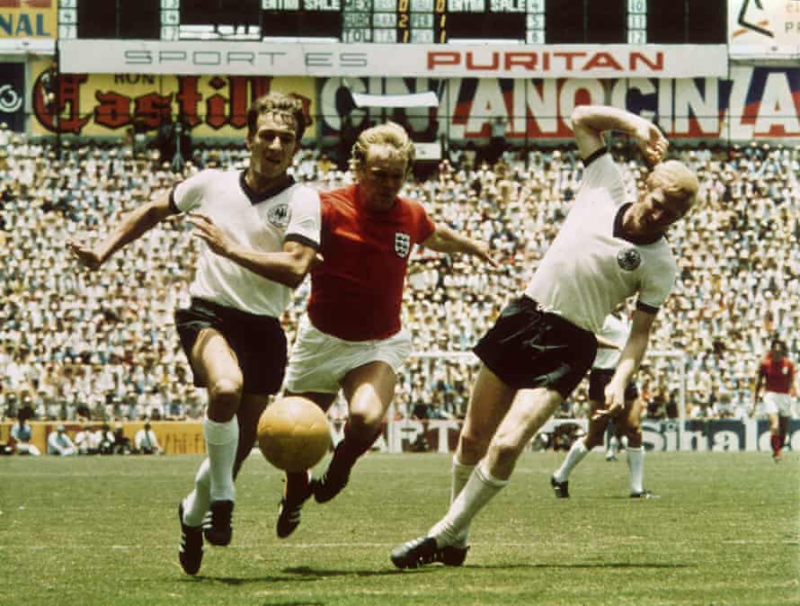 Francis Lee tries to get between Karl-Heinz Schnellinger and Berti Vogts during England’s 3-2 quarter-final defeat to West Germany