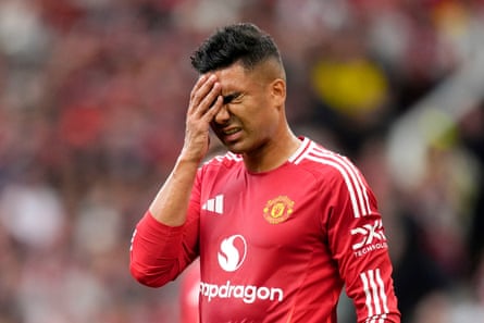 Manchester United’s Casemiro wears a forlorn expression as his side crash to a 3-0 defeat against Liverpool at Old Trafford
