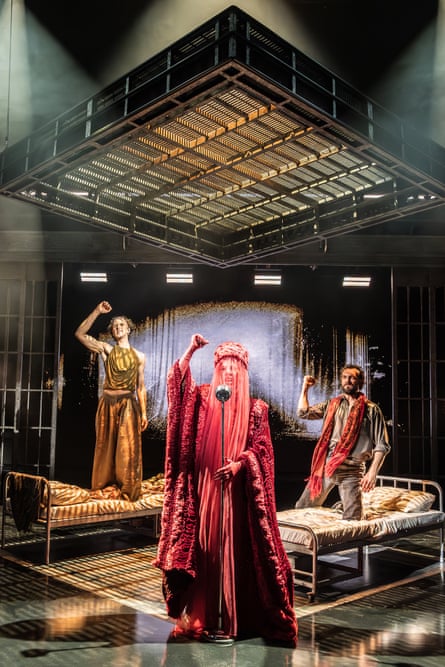 Fabian Soto Pacheco as Molina, Anna-Jane Casey as Aurora and George Blagden as Valentin in Kiss of the Spider Woman at Leicester Curve.