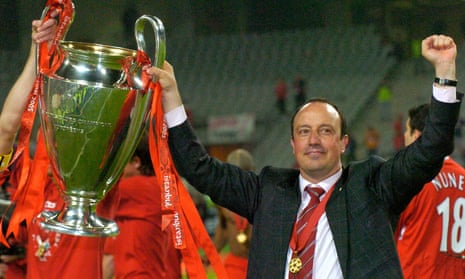 Rafael Benítez celebrates winning the Champions League final in 2005 in Istanbul with Liverpool.