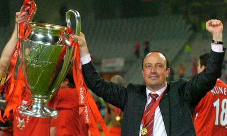 Rafael Benítez holds the Champions League trophy in Istanbul in 2005, won at the end of his first season in charge of Liverpool.