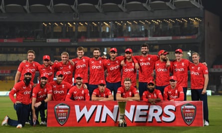 England celebrate with the series trophy after winning the deciding match