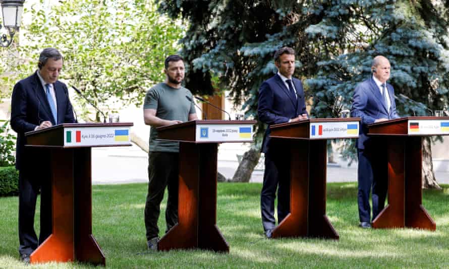 Italian Prime Minister Mario Draghi, Ukrainian President Volodymyr Zelensky, French President Emmanuel Macron and German Chancellor Olaf Scholz in Kyiv, Ukraine.