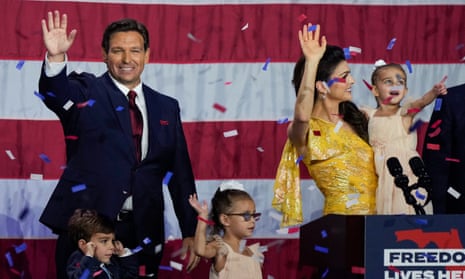 Governor Ron DeSantis, his wife Casey and their children on stage on election night after winning his race for re-election in Tampa, Florida, on 8 November 2022.