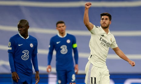 Marco Asensio (right) celebrates scoring Real Madrid’s second against Chelsea.