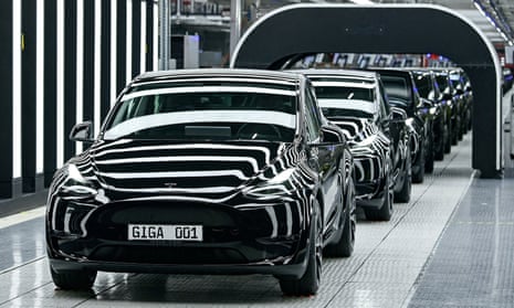 Tesla cars at the gigafactory in Grünheide, Germany