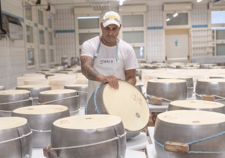 The cheeses in metal moulds to give the wheels their distinctive shape.