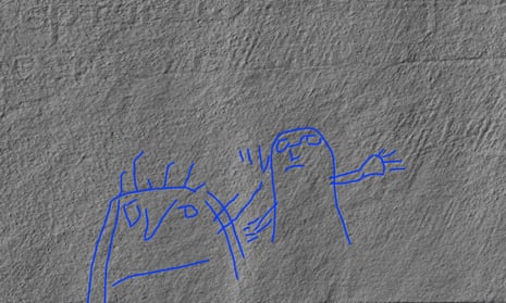The manuscript also contains tiny, rough drawings of figures – in one case, of a person with outstretched arms, reaching for another person who is holding up a hand to stop them.