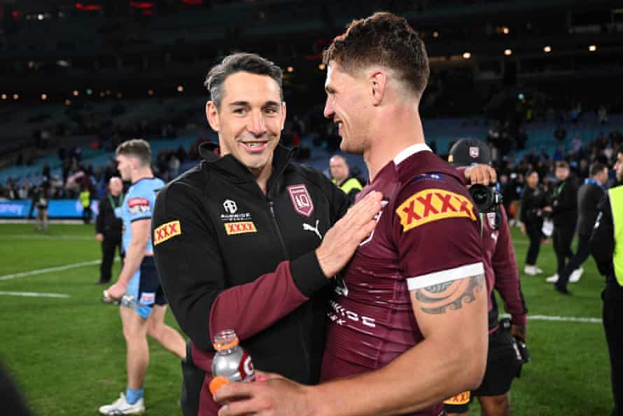 Maroons coach Billy Slater with Kalyn Ponga after the series opener at Accor Stadium.