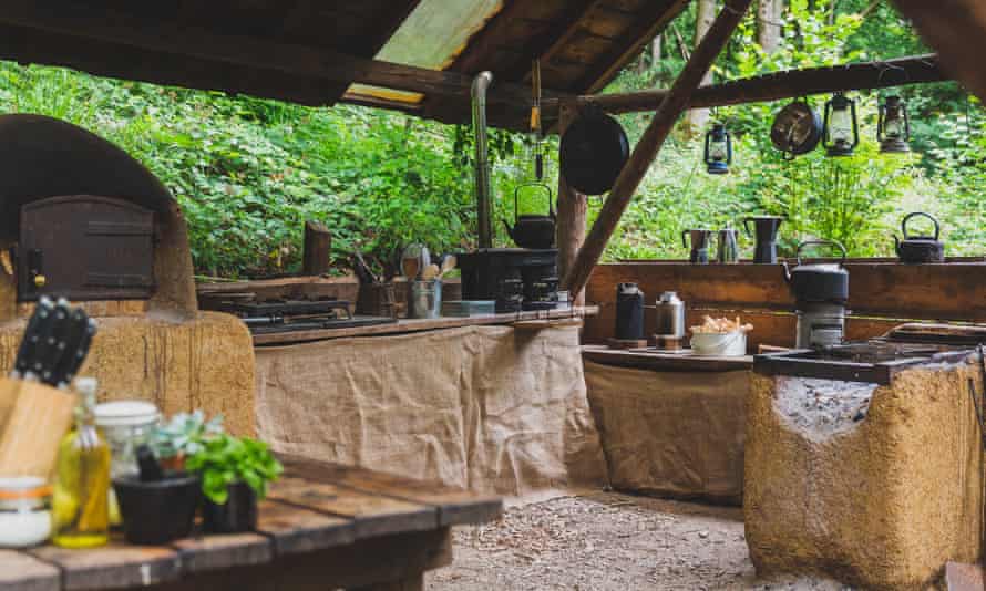 Cooking area, with pizza oven at Campwell, near Bath, UK
