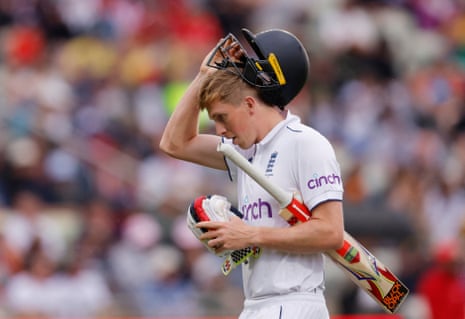 Zak Crawley walks after losing his wicket.