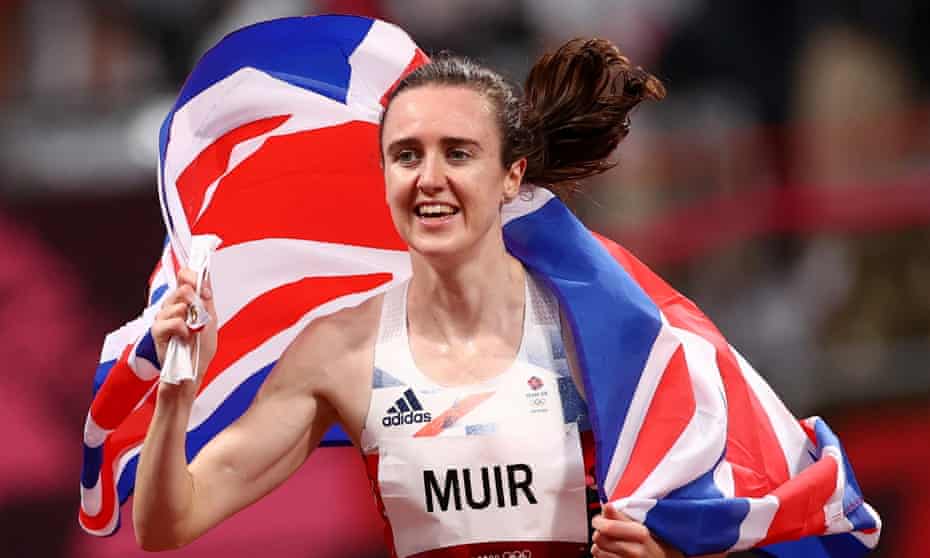 Laura Muir celebrates after winning a silver medal in the 1500m in a British-record time of 3min 54.50sec – Kenya’s Faith Kipyegon took gold with 3:53.11.