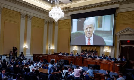 A video of former US president Donald Trump is played during a public hearing investigating the attack on the Capitol, 28 June 2022.