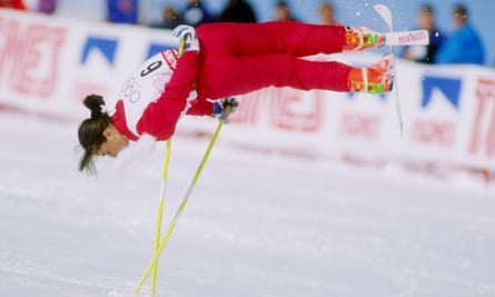 Cathy Féchoz of France does her routine during the 1992 Winter Olympics in Albertville, where ski ballet was a demonstration sport