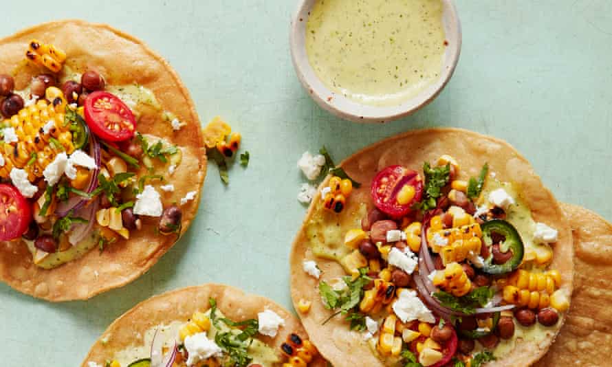 Thomasina Miers Grilled Corn and Bean Tostadas with Jalapeño Aioli balances fresh, tangy and crunchy in one bite