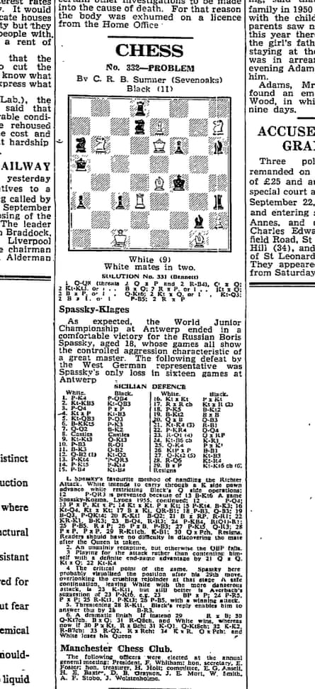 Leonard’s first-ever chess column from 1955.