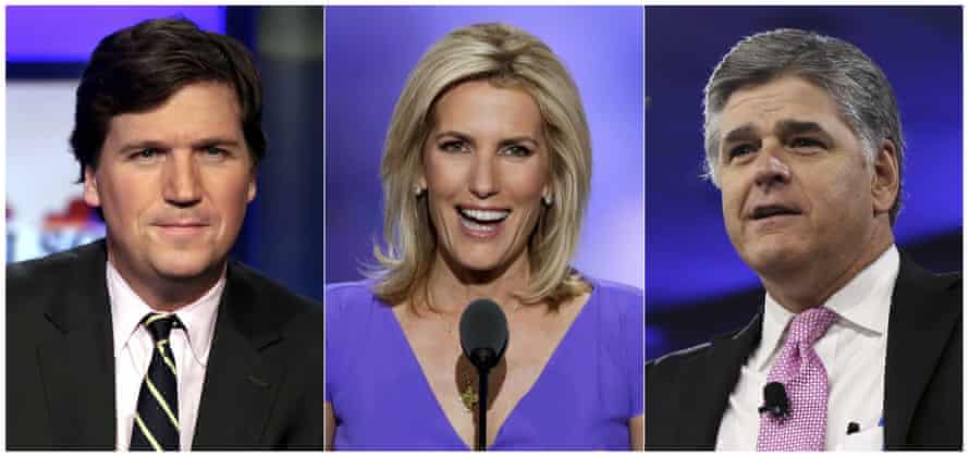 Tucker Carlson, Laura Ingraham and Sean Hannity of Fox News.