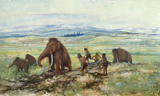 Artist’s impression of pleistocene hunters and a herd of woolly mammoths