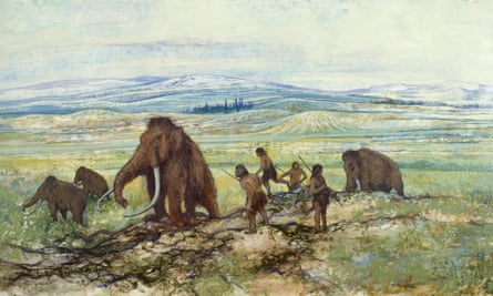 Artist’s impression of pleistocene hunters and a herd of woolly mammoths.