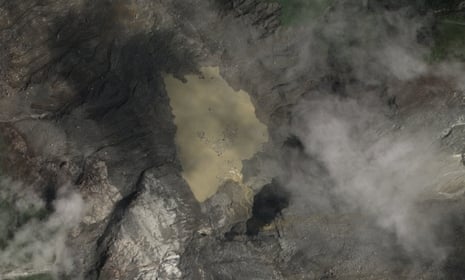 A satellite image shows one of two lakes at the site of the glacial collapse in the border area between Nepal and Tibet Autonomous Region in China, on 28 August 2026.