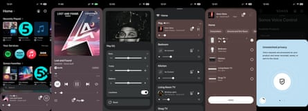 Screenshots from the Sonos app showing playback, equaliser and multiroom grouping controls.