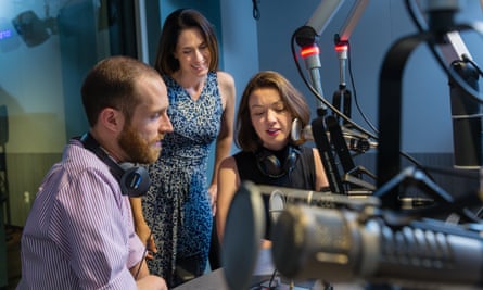 Aaron Mandelson, Evelyn Larubia and Annie Gilbertson creating the Repeat Podcast