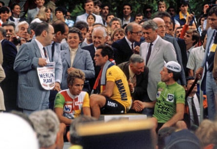 (left to right) Greg Lemond, Bernard Hinault and Sean Kelly.
