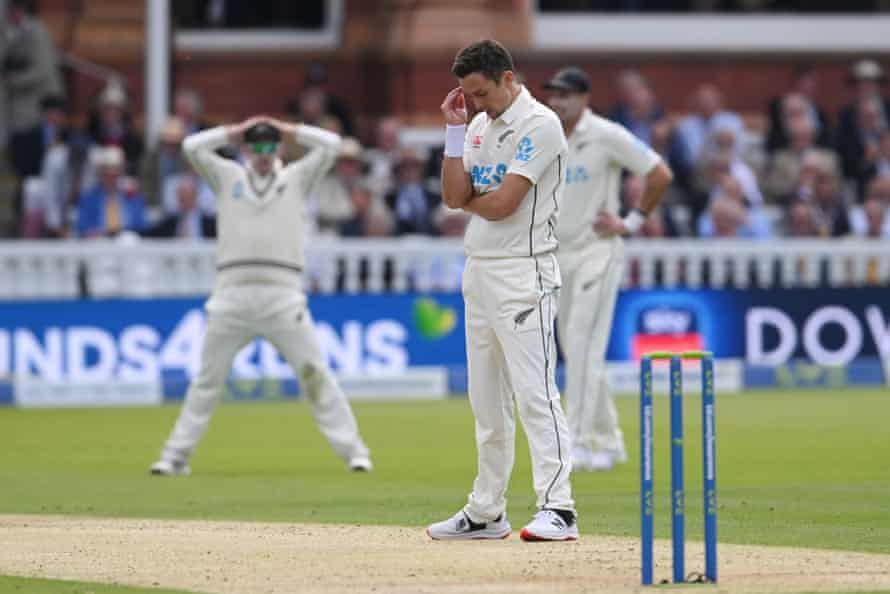 Trent Boult rues a missed chance.
