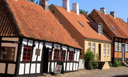 Old houses on a cobbled street in Ebeltoft.