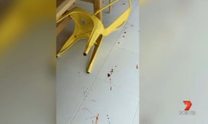 Bloodstains on the floor from where 11-year-old Trae McGovern had part of his toe sliced off by a Worx chair