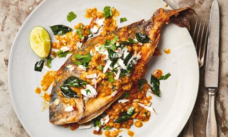 Yotam Ottolenghi’s crisp sea bream with tamarind dal and coconut sambal.