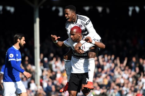Ryan Babel of Fulham celebrates with teammate Ryan Sessegnon after scoring his team’s second goal.