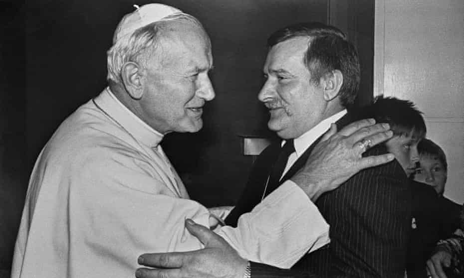 Pope John Paul II hugs Lech Walesa, leader of Poland’s Solidarity trade union during his visit to the northern port of Gdansk, 11 June 1987.