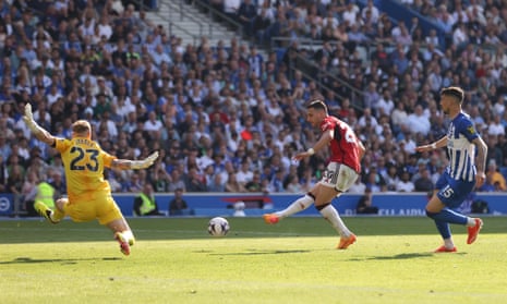 Diogo Dalot of Manchester United scores his team's first goal past Jason Steele.