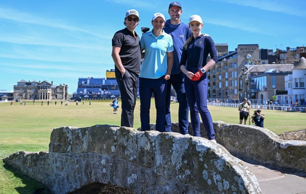 Bradley Simpson, Ash Barty, Kevin Pietersen and Kathryn Newton pose for a photo on the Swilcan Bridge during the Celebrity Fourball ahead of the 150th Open in St Andrew