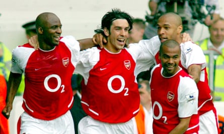 Robert Pires (centre), one of Arsenal’s Invincibles, after scoring against Tottenham which sealed their title triumph in 2004.