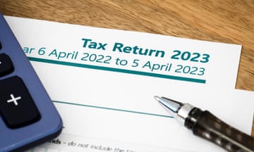 Tax return form, calculator and pen