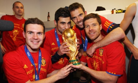 Juan Mata and his Spain team-mates celebrate winning the 2010 World Cup in the dressing room.