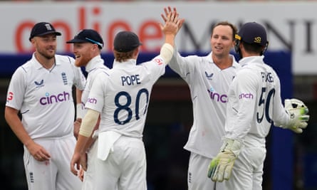 Tom Hartley celebrates after removing Sarfaraz Khan for 14 on day two.