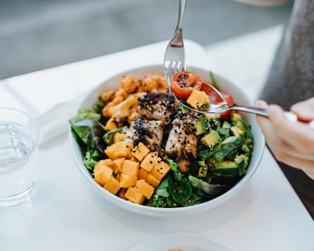 A grilled chicken salad bowl