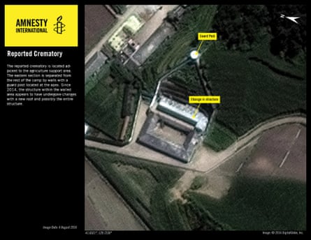 A reported crematorium at one of the camps is shown in the satellite images.