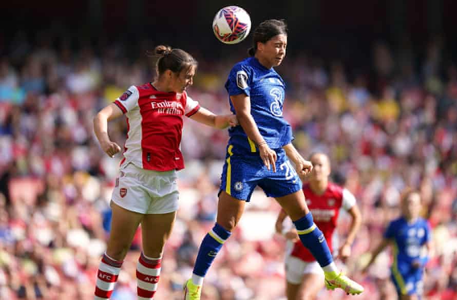 Lotte Wubben-Moy competes for a header with Chelsea’s Sam Kerr during September’s WSL game at the Emirates Stadium.