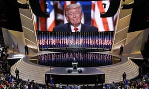 Donald Trump smiles as he addresses delegates during the Republican National Convention in Cleveland in 2016.