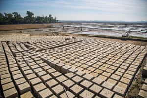 The construction of concrete blocks, on a coastal road in Cox’s Bazar