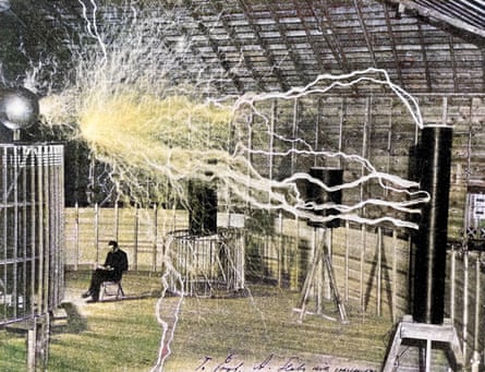 nikola tesla with his magnifying transmitter in a double exposure photo, taken in about 1900.
