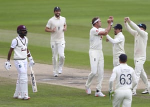 Stuart Broad celebrates the dismissal of Kraigg Brathwaite.