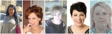 five side by side images of a woman who has a different appearance and hair in each one